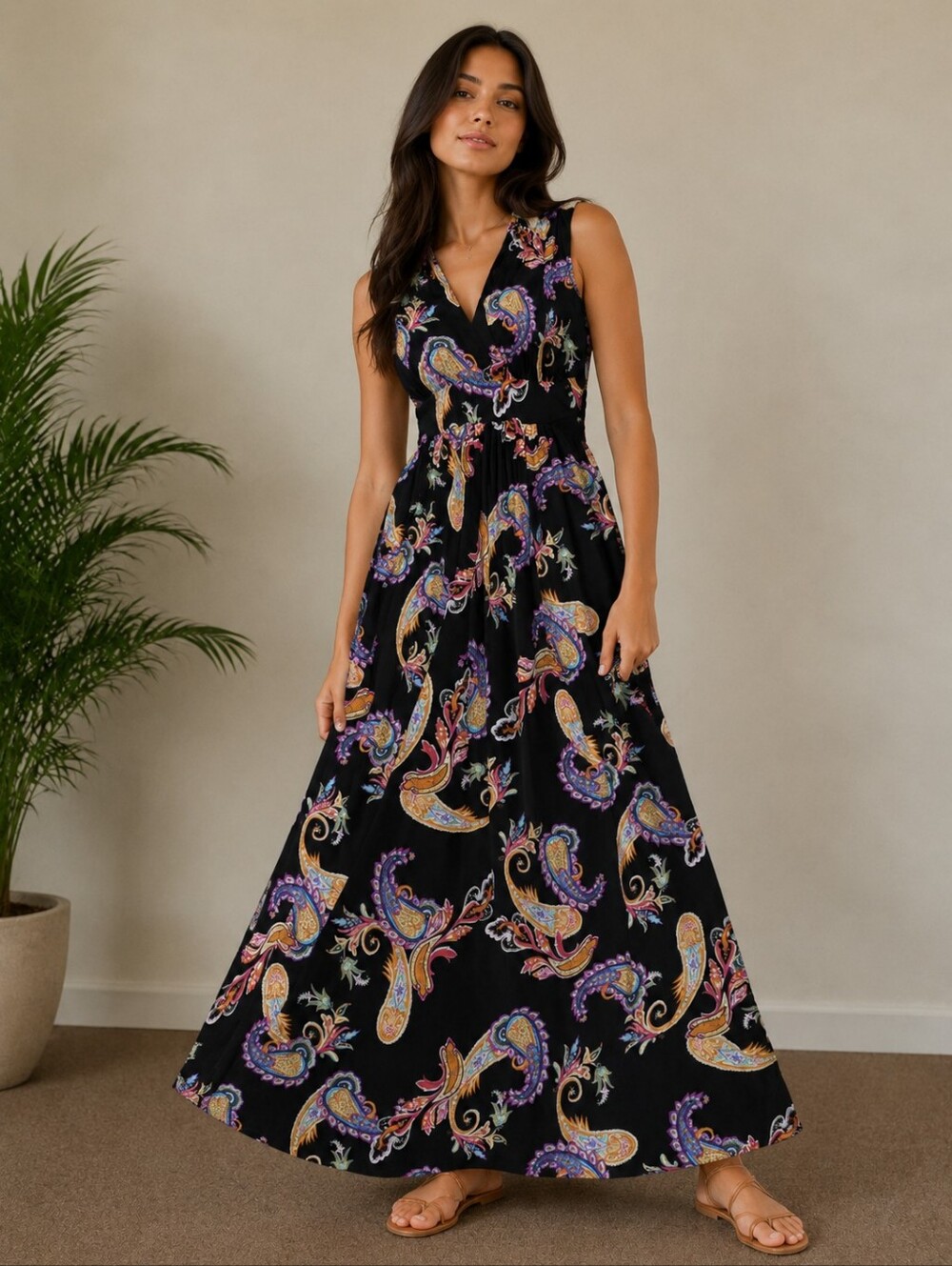 Cache Vintage Black Paisley Maxi Dress with Purple & Gold Accents Size Small